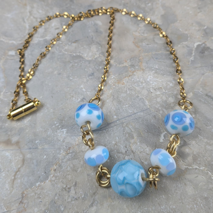 Blue Polka Dot Lampwork Bead Station Necklace