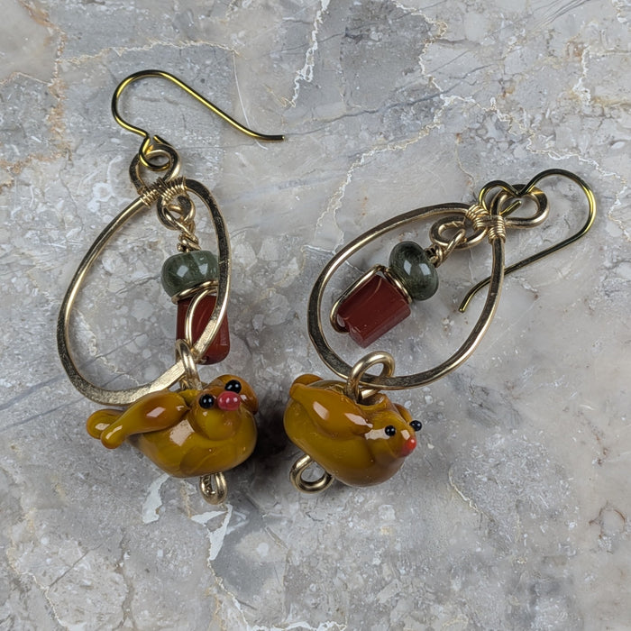 Handmade Lampwork Bird Earrings with Carnelian and Green Apatite Beads