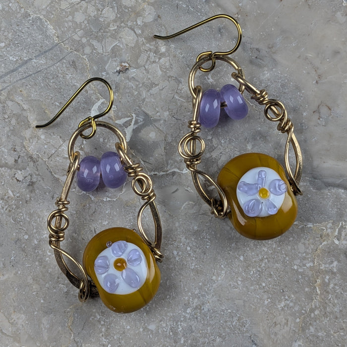 Lampwork Flower Earrings –  Mustard Yellow and Lavender