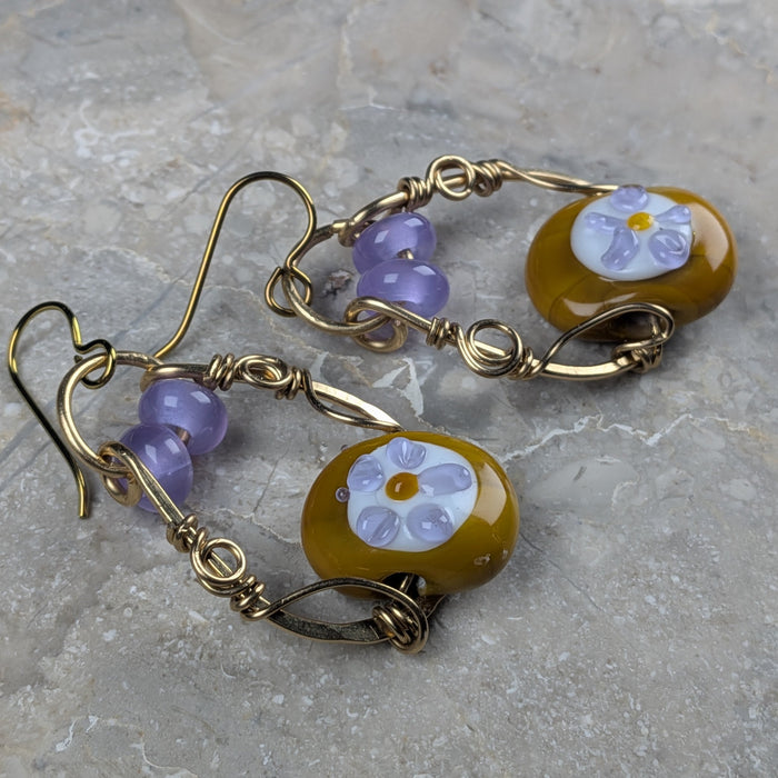 Lampwork Flower Earrings –  Mustard Yellow and Lavender