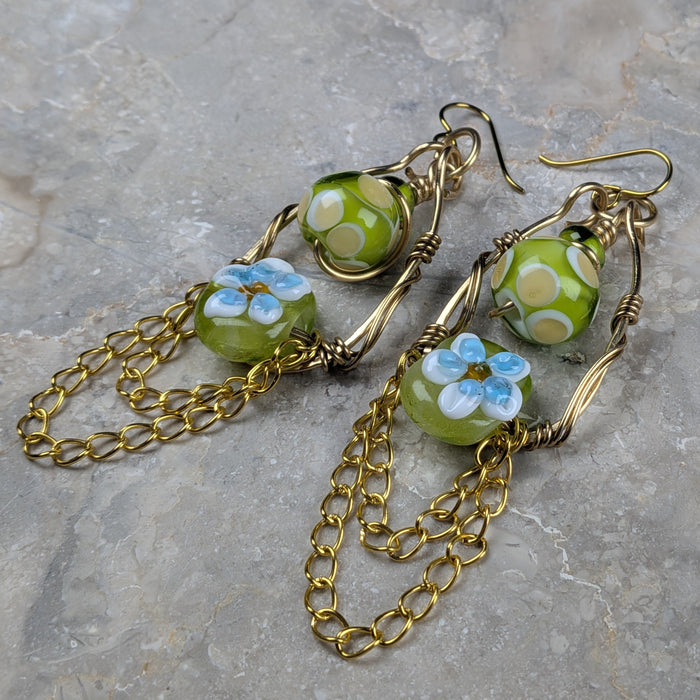 Green Floral Lampwork Chain Earrings