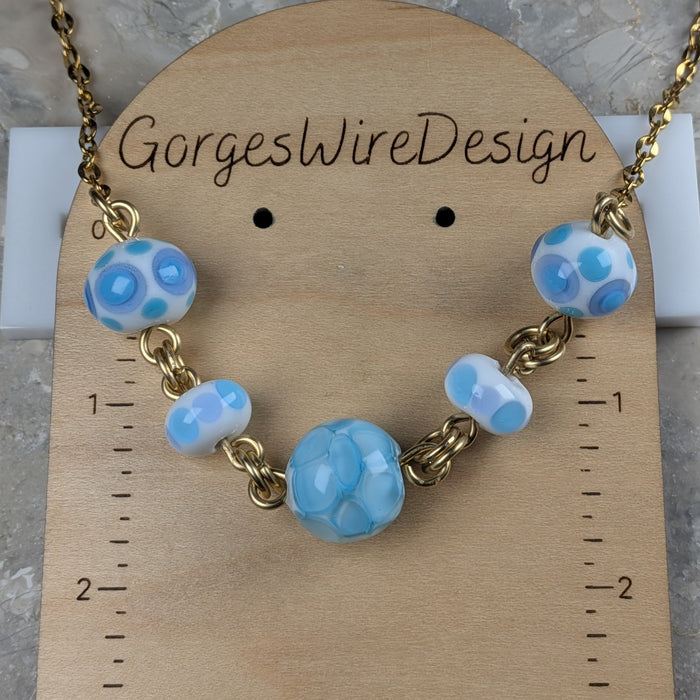 Blue Polka Dot Lampwork Bead Station Necklace