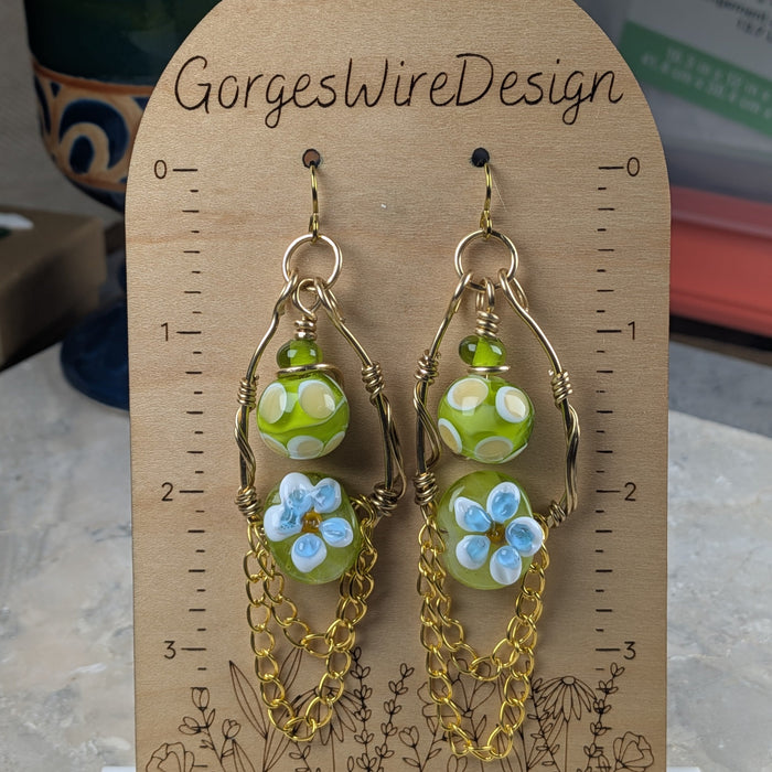 Green Floral Lampwork Chain Earrings