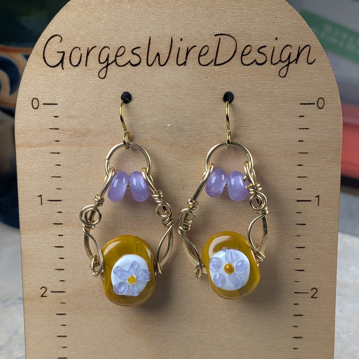 Lampwork Flower Earrings –  Mustard Yellow and Lavender