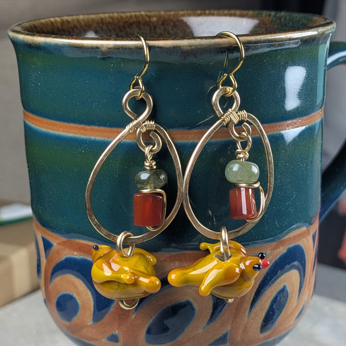 Handmade Lampwork Bird Earrings with Carnelian and Green Apatite Beads