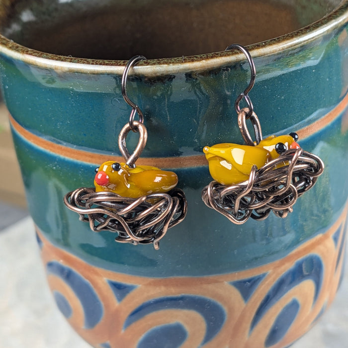 Lampwork Glass Bird Nest Earrings