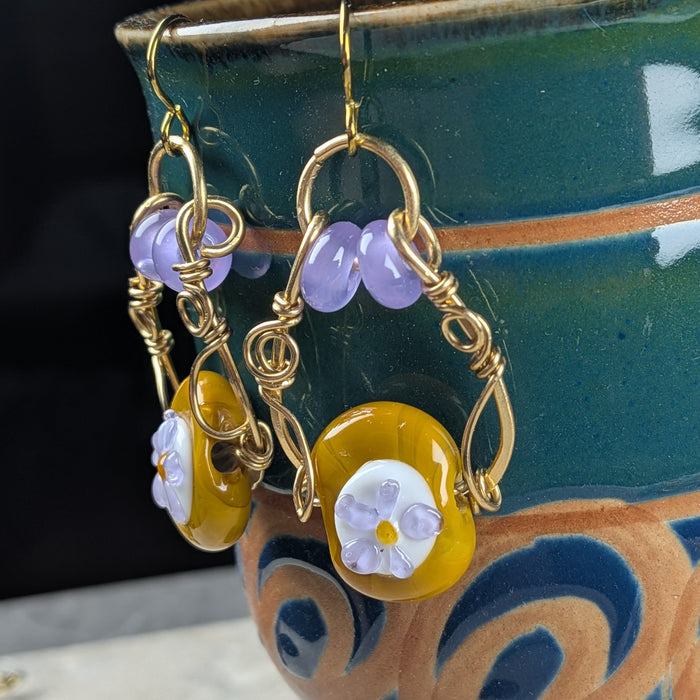 Lampwork Flower Earrings –  Mustard Yellow and Lavender