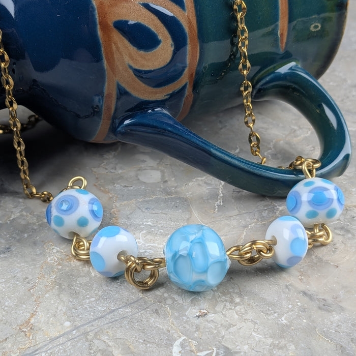Blue Polka Dot Lampwork Bead Station Necklace