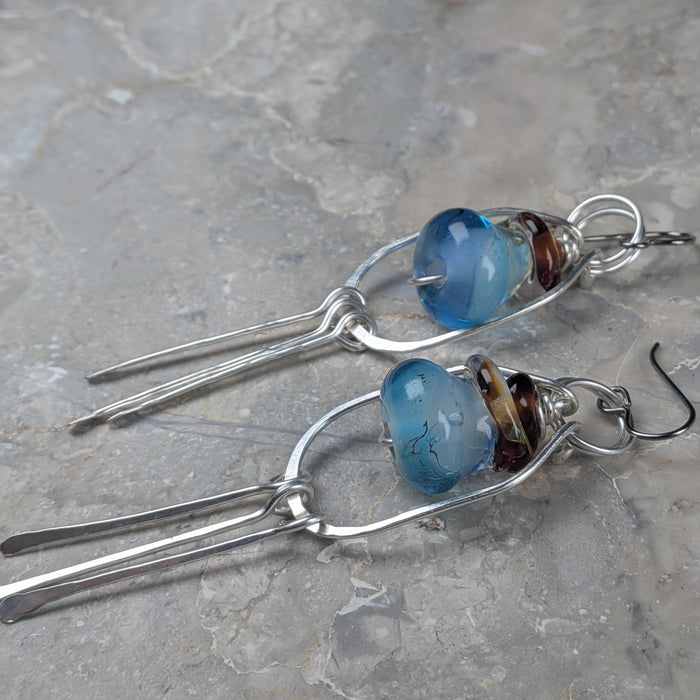 Silver Wire Wrapped Blue "Mana Potion" Glass Earrings