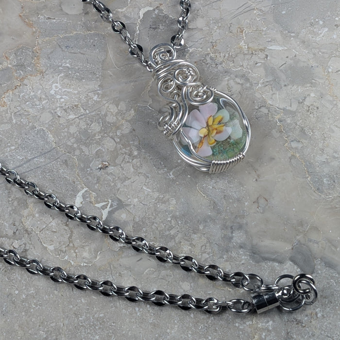 White Floral Lampwork Oval Pendant Necklace