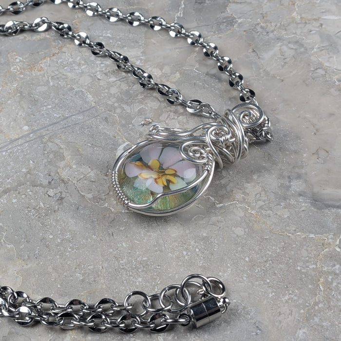 White Floral Lampwork Oval Pendant Necklace