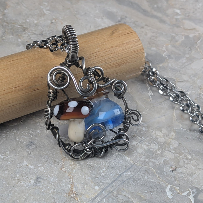 Lampwork Mana Potion & Mushroom Pendant in Gunmetal