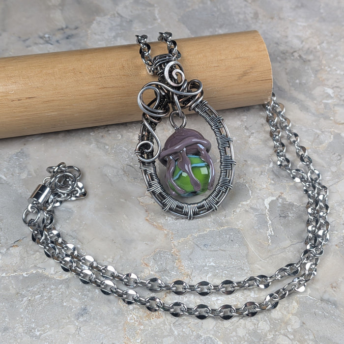 Green & Purple Lampwork Jellyfish in Woven Gunmetal