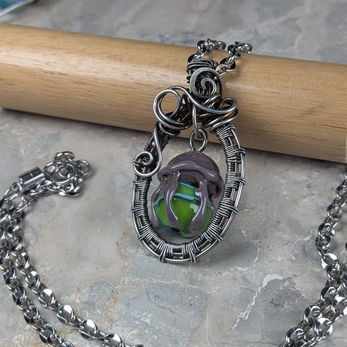 Green & Purple Lampwork Jellyfish in Woven Gunmetal