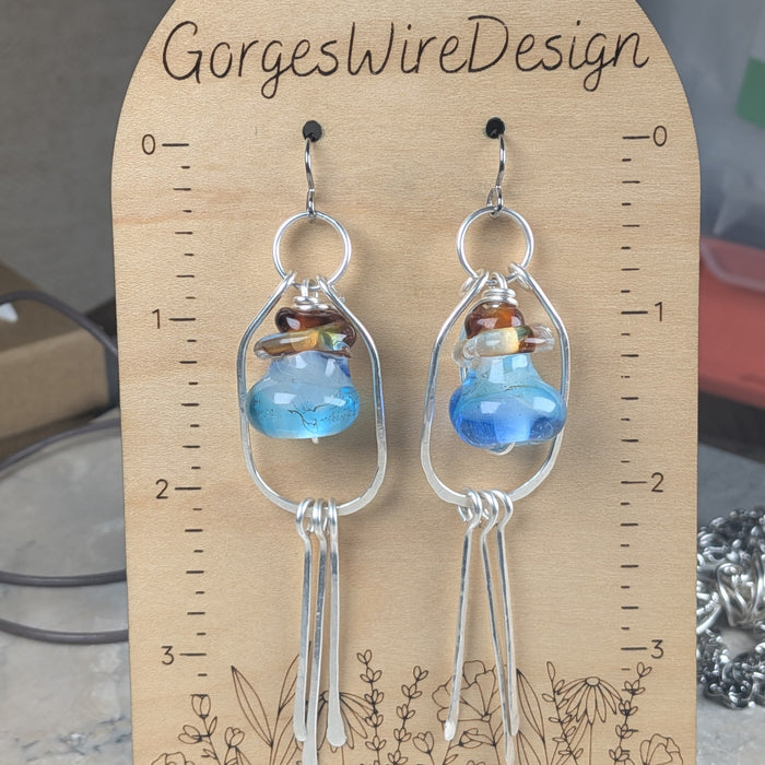 Silver Wire Wrapped Blue "Mana Potion" Glass Earrings