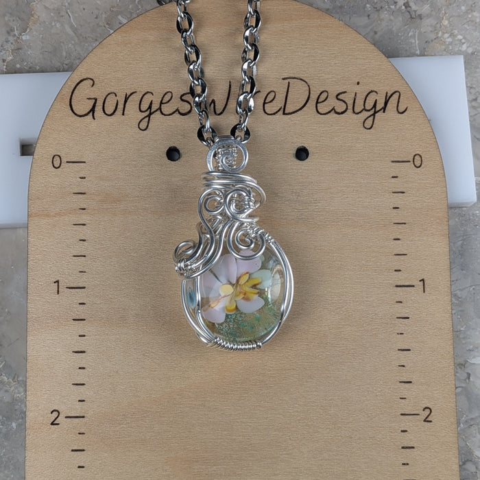 White Floral Lampwork Oval Pendant Necklace