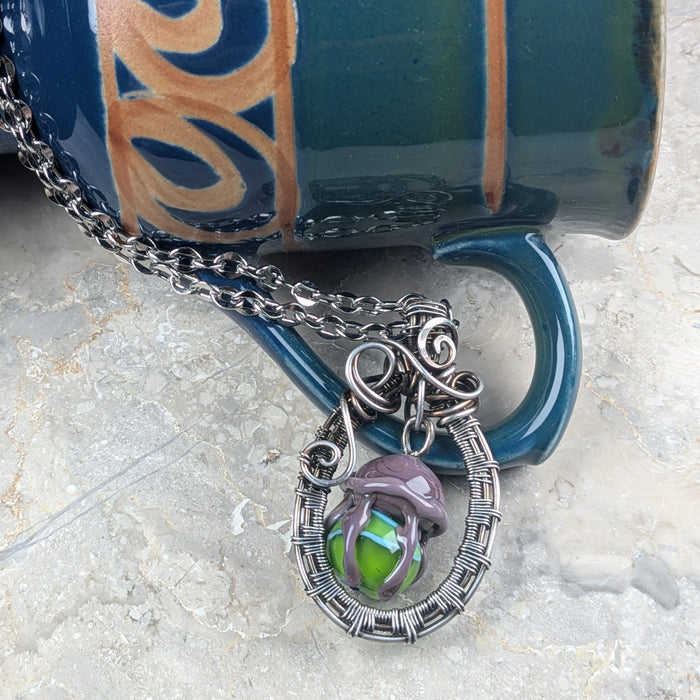 Green & Purple Lampwork Jellyfish in Woven Gunmetal