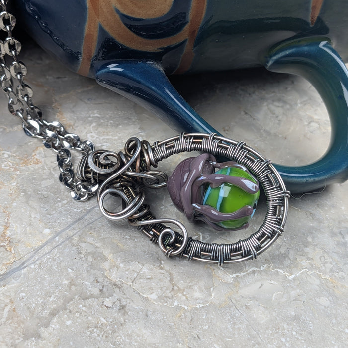 Green & Purple Lampwork Jellyfish in Woven Gunmetal