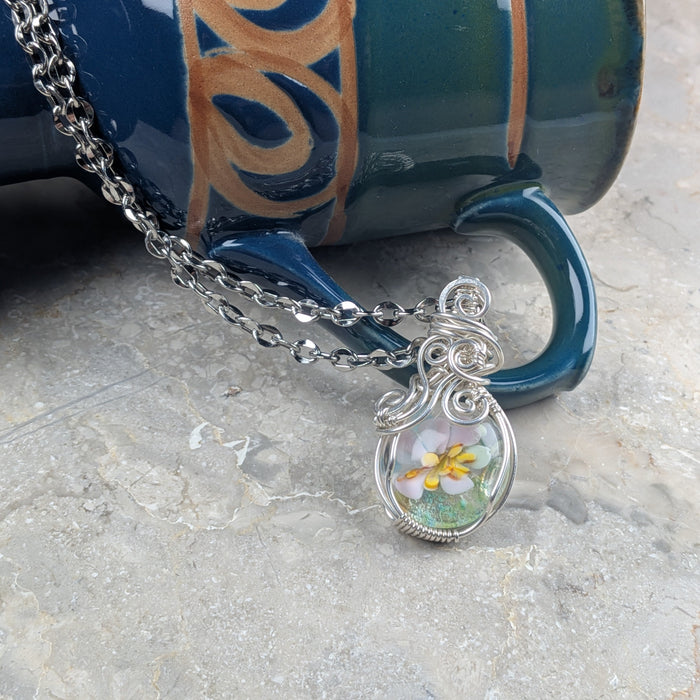 White Floral Lampwork Oval Pendant Necklace