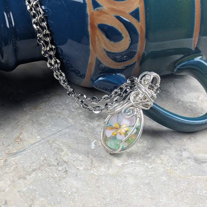 White Floral Lampwork Oval Pendant Necklace