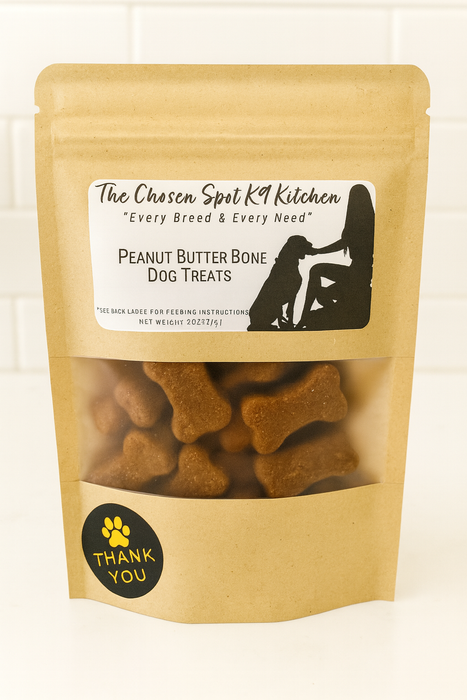 Bag of Peanut Butter Bone  handmade organic dog treats from The Chosen Spot K9 Kitchen on a white background