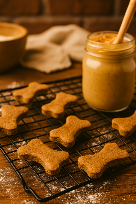 Peanut Butter Bones. Handmade organic dog treats from The Chosen Spot K9 Kitchen on a cooling rack with a jar of peanut butter in the background.