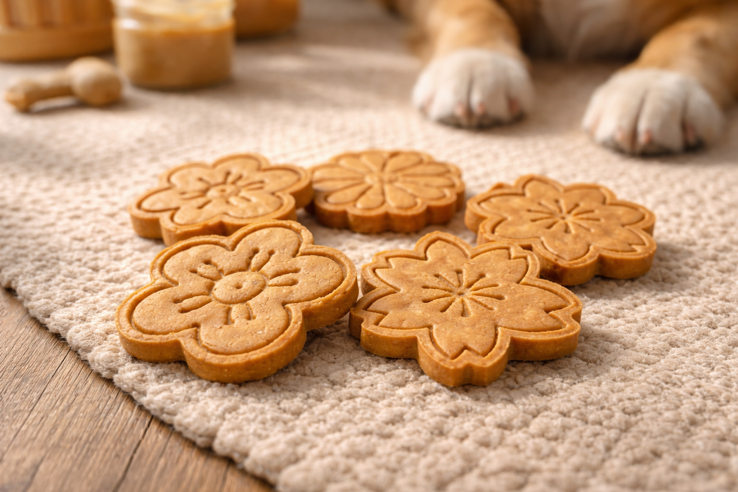 Peanut Butter Flower Handmadde Organic Dog Treats from The Chosen Spot K9 Kitchen with dog paws nearby.
