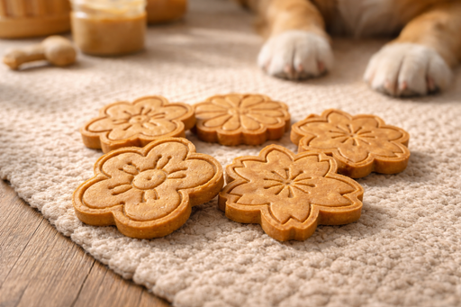 Peanut Butter Flower Handmadde Organic Dog Treats from The Chosen Spot K9 Kitchen with dog paws nearby.
