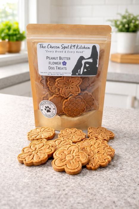 Bag of Peanut Butter Flower Handmadde Organic Dog Treats from The Chosen Spot K9 Kitchen on a countertop.