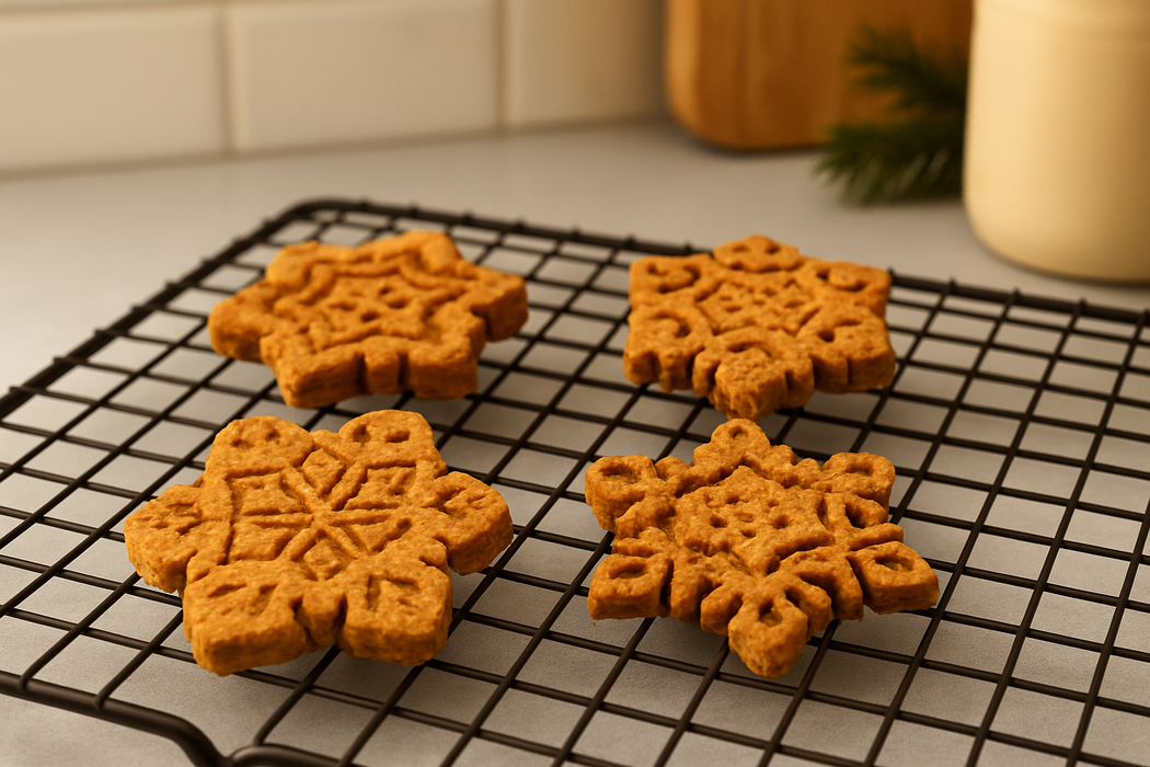 Peanut Butter Snowflakes. Handmade organic holiday dog treats from The Chosen Spot K9 Kitchen on a cooling rack