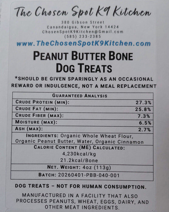 Dog treat Gruaranteed Analysis abel for 'Peanut Butter Bones' from The Chosen Spot K9 Kitchen with nutritional information and ingredients.