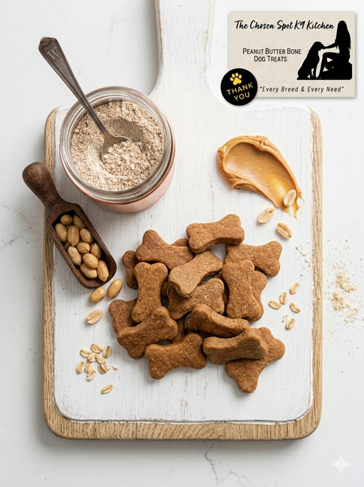 Peanut Butter Bones - handmade organic dog treats from The Chosen Spot K9 Kitchen on a white board with a jar of organic whole wheat flour and scattered peanuts.
