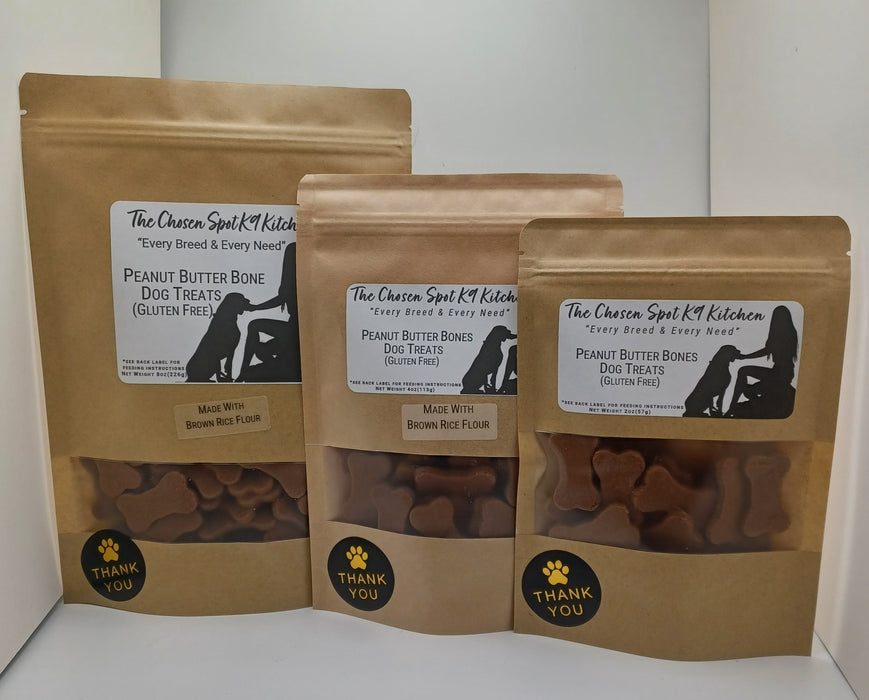 Peanut Butter Bones (Gluten-Free) Organic Dog Treats - FRONT Label - 8oz 4oz 2oz
