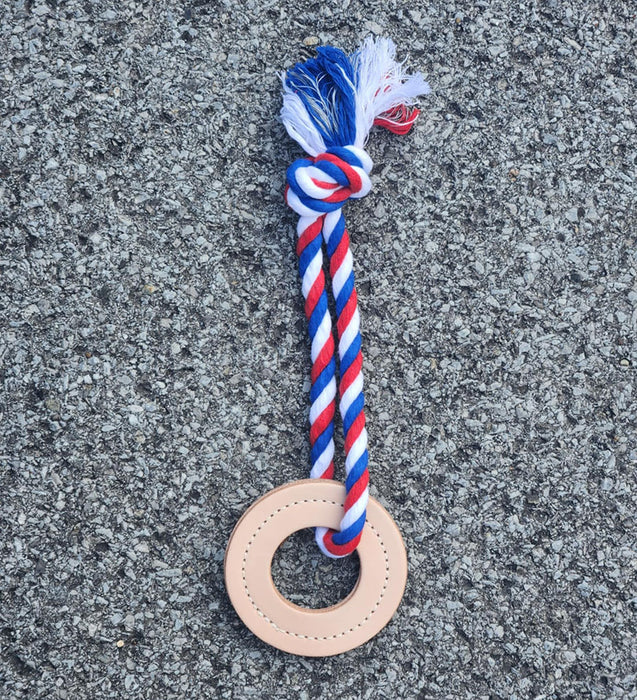 Red White and Blue Cotton Rope Toy with Leather Ring