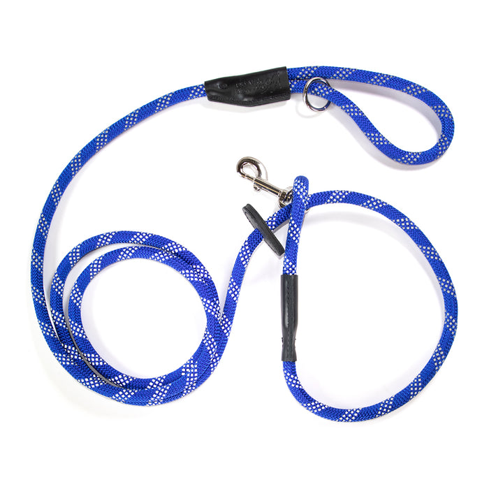 blue reflective rope dog leash with disc for securing leash as a harness