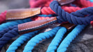 group of cotton rope leashes showing shades of blue, red, and orange plus closeup of leather ends