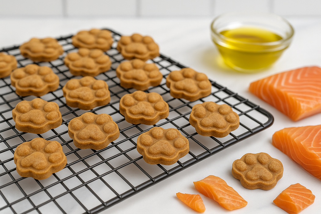 Salmon Paws handmade organic dog treats from The Chosen Spot K9 Kitchen on a cooling rack with olive oil and pieces of salmon nearby.