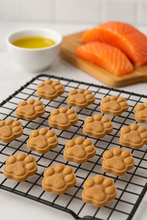 Salmon Paws. Handmade organic dog treats from The Chosen Spot K9 Kitchen on a cooling rack with a slice of salmon and a dish of olive oil.