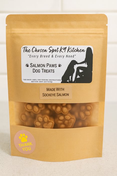 A package of Salmon Paws, handmade organic dog treats from The Chosen Spot K9 Kitchen. Showing the FRONT Label
