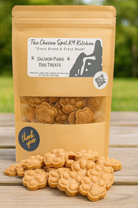 Bag of Salmon Paws Dog Treats.. Handmade organic dog treats from The Chosen Spot K9 Kitchen with treats on a wooden surface.