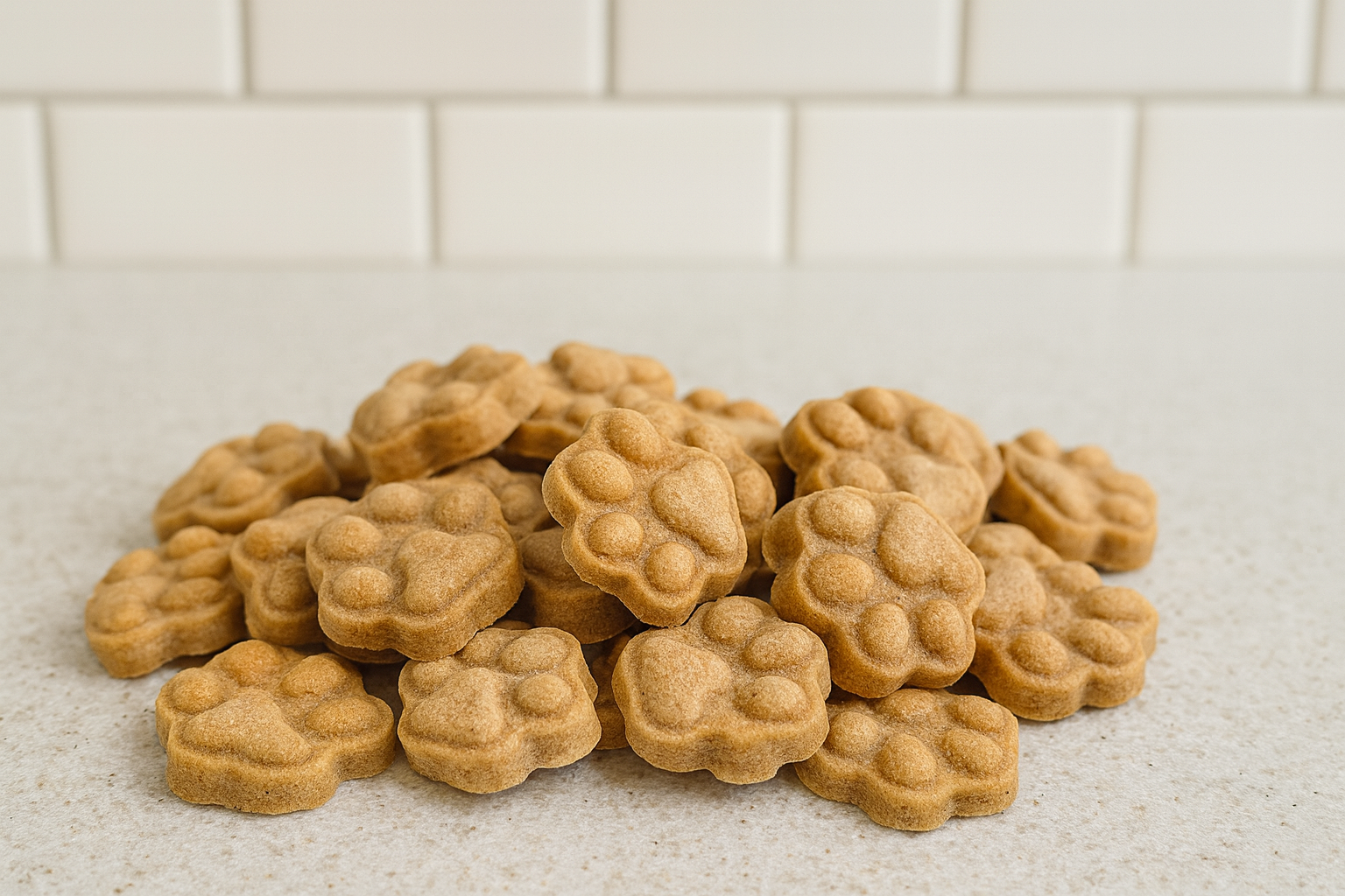 Salmon Paws. Handmade organic dog treats from The Chosen Spot K9 Kitchen on a light background with a slice of salmon and a dish of olive oil.