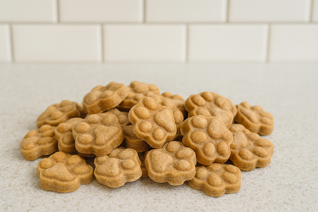 Salmon Paws. Handmade organic dog treats from The Chosen Spot K9 Kitchen on a light background with a slice of salmon and a dish of olive oil.