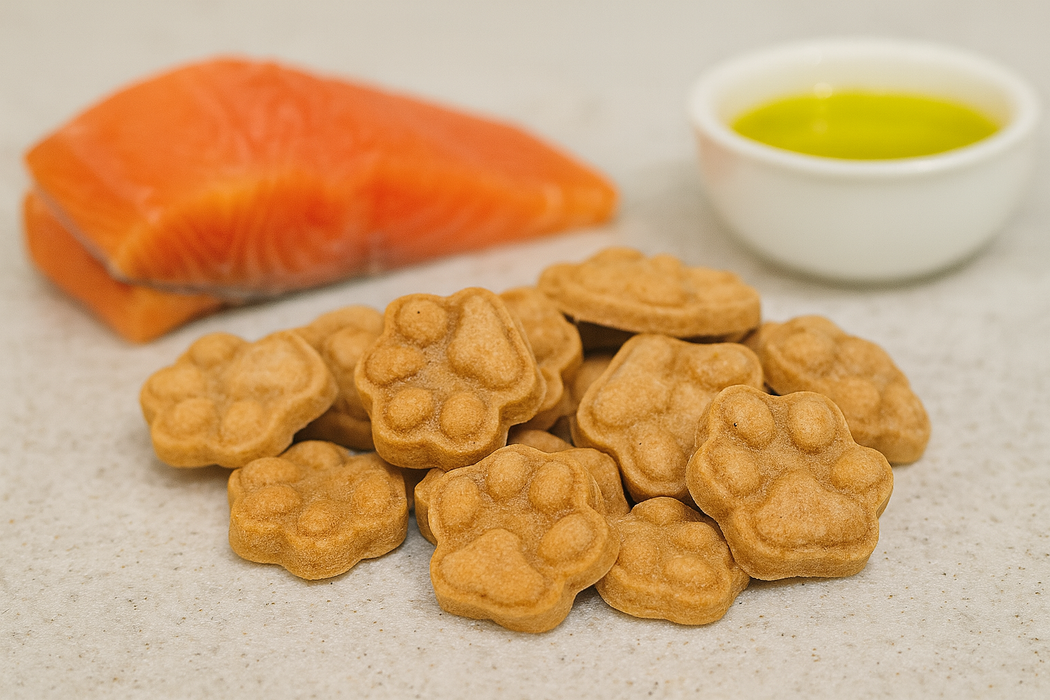 Salmon Paws. Handmade organic dog treats from The Chosen Spot K9 Kitchen on a light background with a slice of salmon and a dish of olive oil.