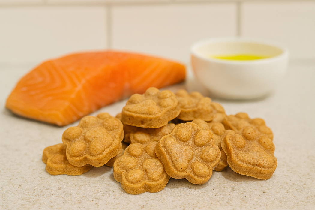 Salmon Paws. Handmade organic dog treats from The Chosen Spot K9 Kitchen on a light background with a slice of salmon and a dish of olive oil.