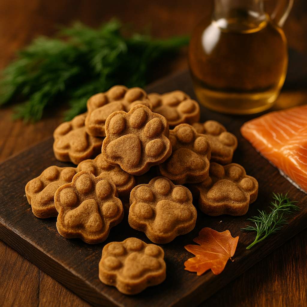 Salmon Paws. Handmade organic dog treats from The Chosen Spot K9 Kitchen on a dark cutting board with a slice of salmon and olive oil.