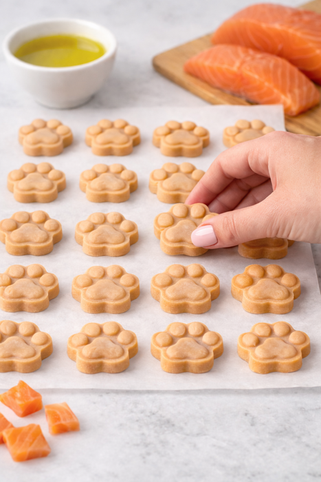 Salmon Paws Handmade Organic Dog Treats from The Chosen Spot K9 Kitchen in Canandaigua, NY. Salmon Paws on a cooling mat nearby  a bowl of organic extra virgin olive oil and a piece of wild-caught sock-eye salmon.