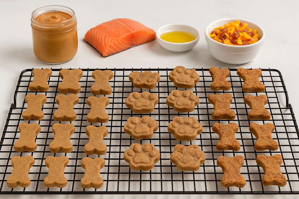  Peanut Butter Bones, Salmon Paws and Bacon Cheddar Biscuits with Duvall Farms Bacon Handmade organic dog treats from The Chosen Spot K9 Kitchen on a cooling rack with a white background.