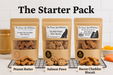 The Starter Pack Bundle. Packages of Peanut Butter Bones, Salmon Paws and Bacon Cheddar Biscuits with Duvall Farms Bacon from The Chosen Spot K9 Kitchen in the Finger Lakes Region.