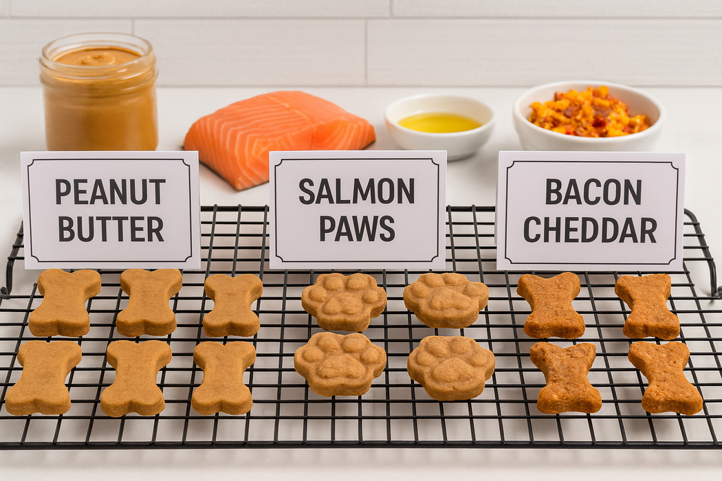  Peanut Butter Bones, Salmon Paws and Bacon Cheddar Biscuits with Duvall Farms Bacon Handmade organic dog treats from The Chosen Spot K9 Kitchen on a cooling rack with a white background.