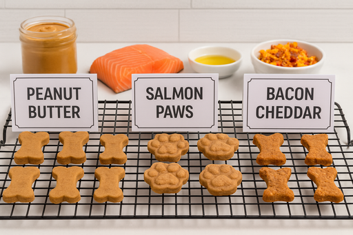  Peanut Butter Bones, Salmon Paws and Bacon Cheddar Biscuits with Duvall Farms Bacon Handmade organic dog treats from The Chosen Spot K9 Kitchen on a cooling rack with a white background.